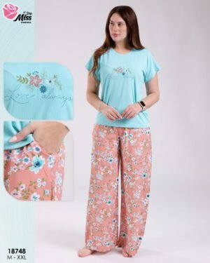 Rose Miss Ensemble t-shirt brodé et pantalon large fleuri – Réf 18748 – Turquoise clair
