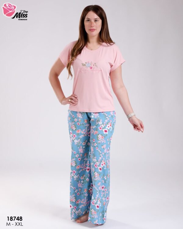 Rose Miss Ensemble t-shirt brodé et pantalon large fleuri – Réf 18748 – Rose