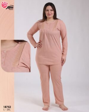 Rose Miss Pyjama côtelé dentelle grande taille – Réf 18752 – Saumon