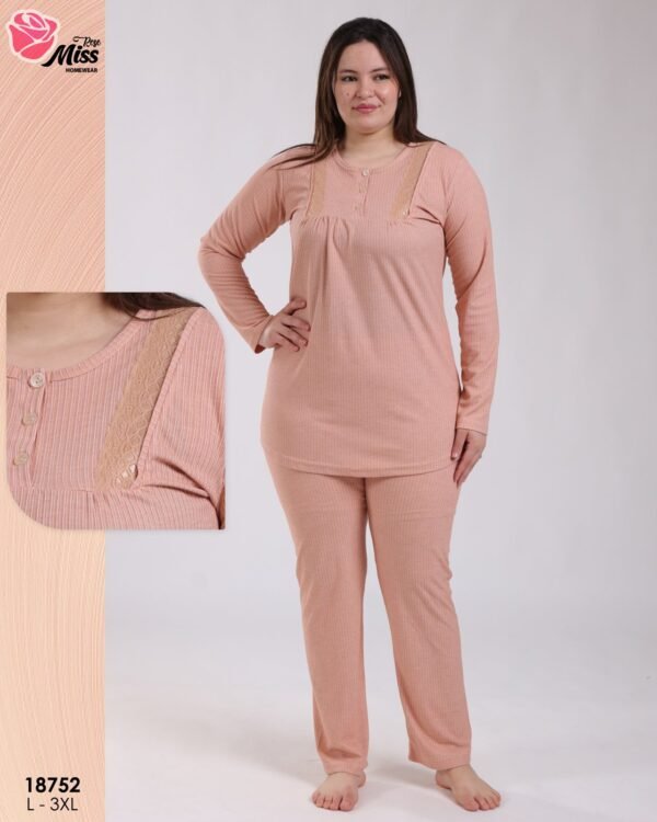 Rose Miss Pyjama côtelé dentelle grande taille – Réf 18752 – Saumon