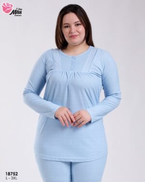 Rose Miss Pyjama côtelé dentelle grande taille – Réf 18752 – Bleu ciel