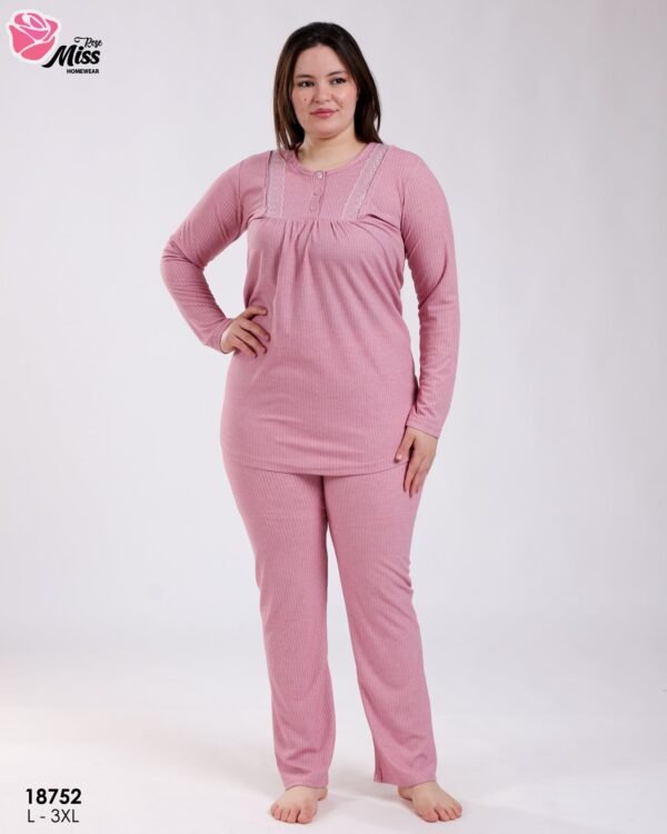 Rose Miss Pyjama côtelé dentelle grande taille – Réf 18752 – Vieux rose