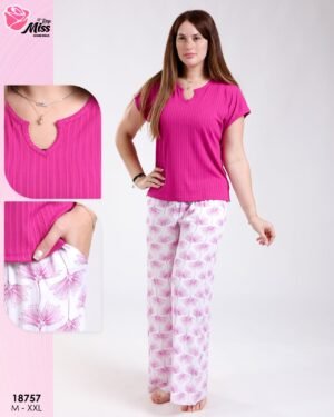 Rose Miss Ensemble t-shirt côtelé et pantalon large fleuri – Réf 18757 – Fuchsia