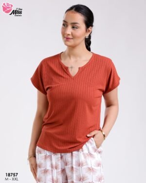 Rose Miss Ensemble t-shirt côtelé et pantalon large fleuri – Réf 18757 – Brique
