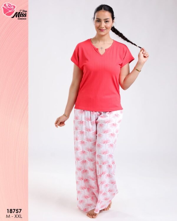 Rose Miss Ensemble t-shirt côtelé et pantalon large fleuri – Réf 18757 – Corail