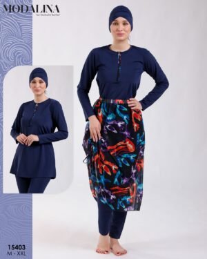 Modalina Burkini avec paréo – Réf 15403 – Bleu marine rouge