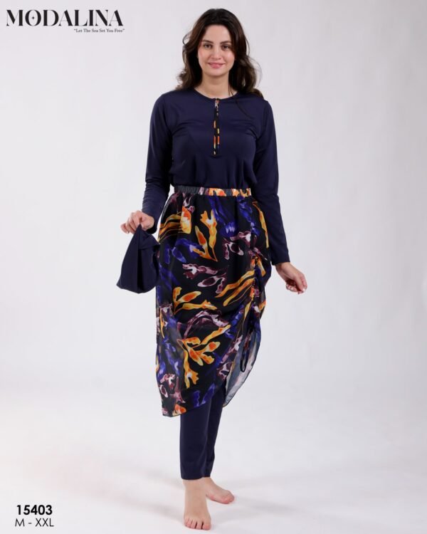 Modalina Burkini avec paréo – Réf 15403 – Bleu marine jaune