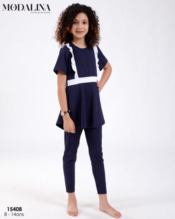 Modalina Burkini fille – Réf 15408 – Marine blanc