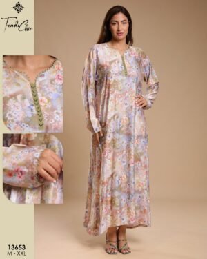 Tradi Chic Caftan d'intérieur fleuri – Réf 13653 – Beige fleuri