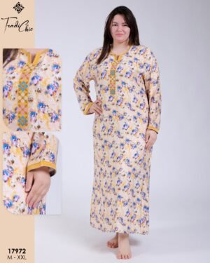 Tradi Chic Robe d'intérieur longue fleurie brodée – Réf 17972 – Jaune fleuri