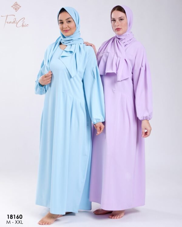 Tradi Chic Robe de prière avec voile à volant – Réf 18160 – Bleu ciel et lilas