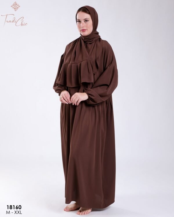 Tradi Chic Robe de prière avec voile à volant – Réf 18160 – Marron
