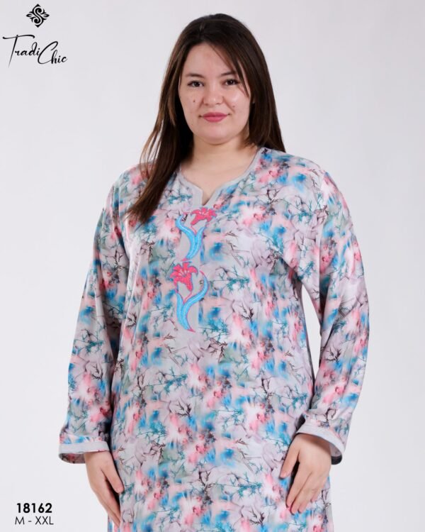Tradi Chic Robe d'intérieur longue imprimée brodée – Réf 18162 – Gris fleuri