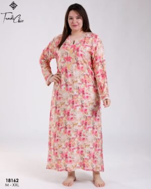 Tradi Chic Robe d'intérieur longue imprimée brodée – Réf 18162 – Pêche fleuri