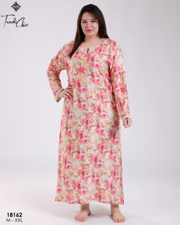 Tradi Chic Robe d'intérieur longue imprimée brodée – Réf 18162 – Pêche fleuri