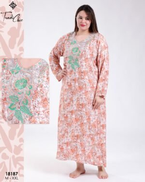Tradi Chic Robe d'intérieur longue imprimée brodée – Réf 18187 – Corail imprimé Tradi Chic Robe d'intérieur longue imprimée brodée – Réf 18187 – Corail imprimé