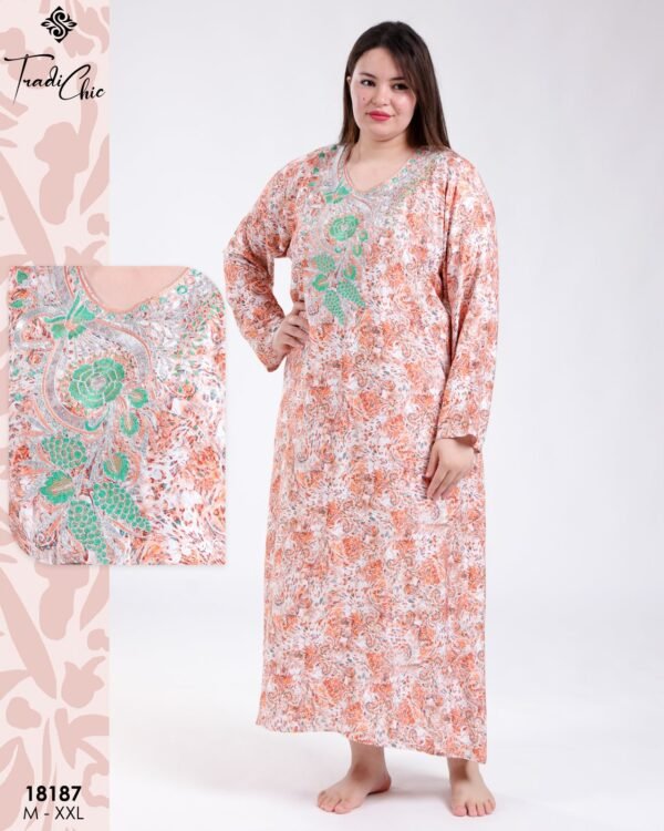 Tradi Chic Robe d'intérieur longue imprimée brodée – Réf 18187 – Corail imprimé