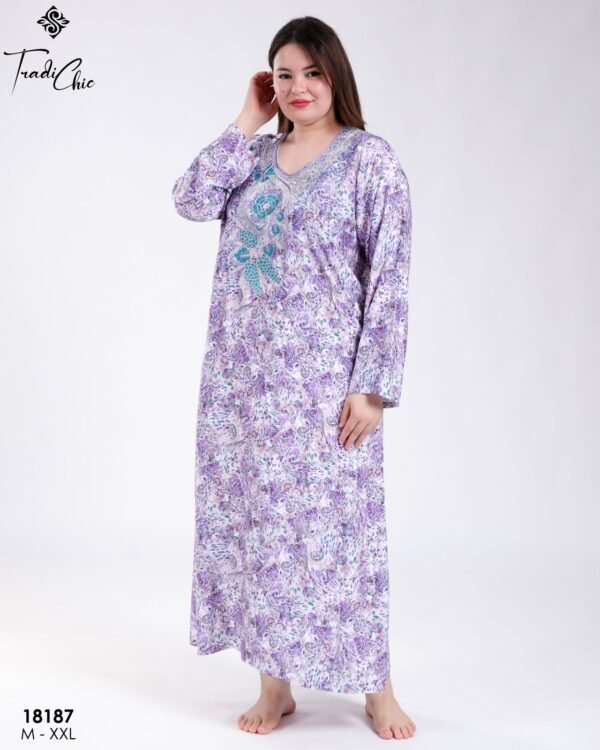Tradi Chic Robe d'intérieur longue imprimée brodée – Réf 18187 – Lilas imprimé