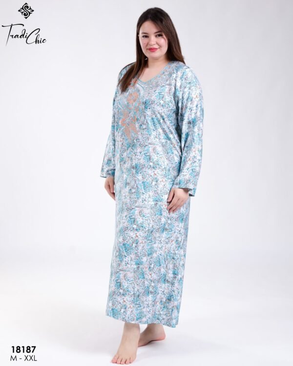 Tradi Chic Robe d'intérieur longue imprimée brodée – Réf 18187 – Turquoise imprimé