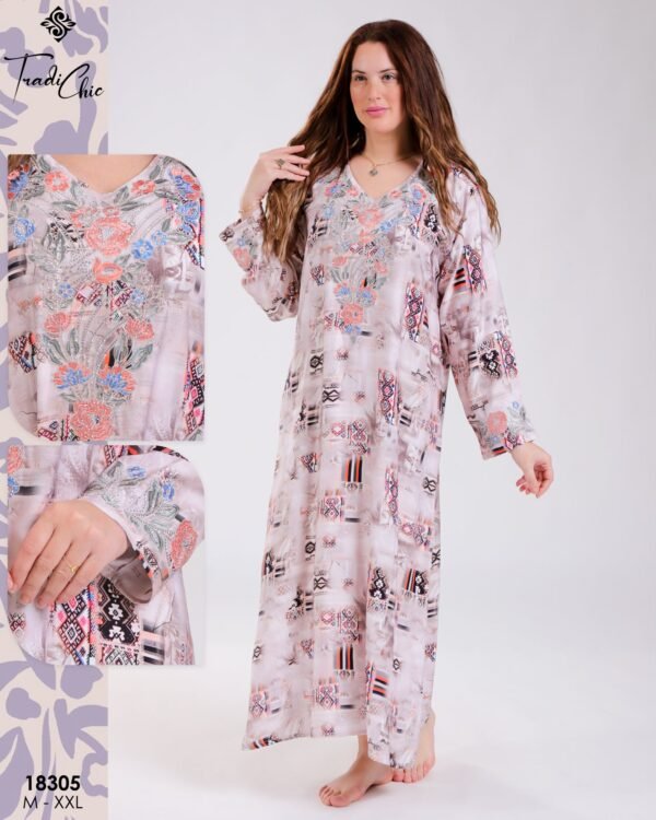Tradi Chic Robe d'intérieur longue imprimée brodée – Réf 18305 – Rose imprimé
