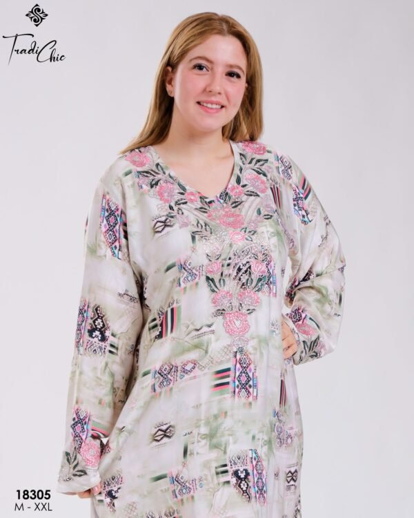 Tradi Chic Robe d'intérieur longue imprimée brodée – Réf 18305 – Vert imprimé