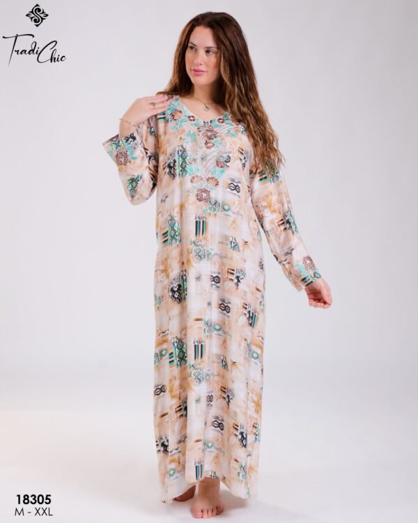 Tradi Chic Robe d'intérieur longue imprimée brodée – Réf 18305 – Beige imprimé