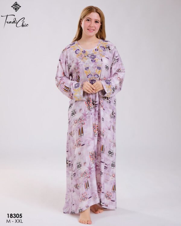 Tradi Chic Robe d'intérieur longue imprimée brodée – Réf 18305 – Lilas imprimé