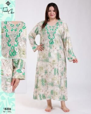 Tradi Chic Robe d'intérieur longue imprimée brodée – Réf 18306 – Vert imprimé Tradi Chic Robe d'intérieur longue imprimée brodée – Réf 18306 – Vert imprimé