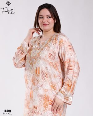 Tradi Chic Robe d'intérieur longue imprimée brodée – Réf 18306 – Orange imprimé
