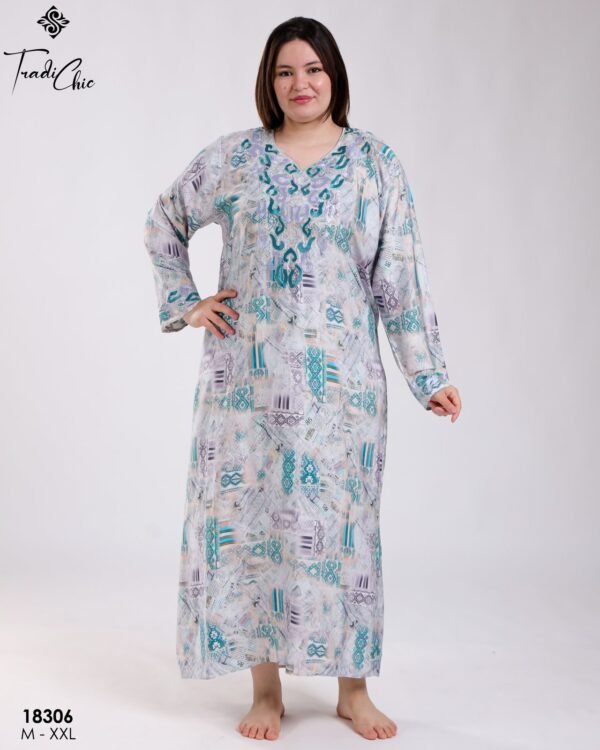 Tradi Chic Robe d'intérieur longue imprimée brodée – Réf 18306 – Bleu imprimé