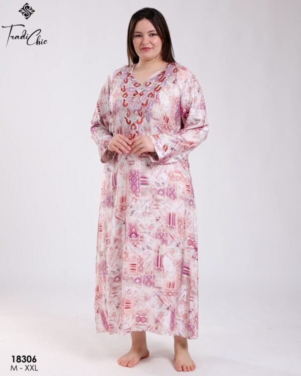 Tradi Chic Robe d'intérieur longue imprimée brodée – Réf 18306 – Rose imprimé