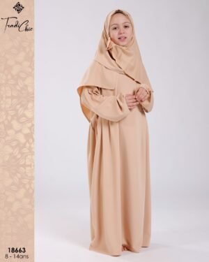Tradi Chic Ensemble robe de prière et foulard fille – Réf 18663 – Beige