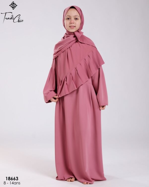 Tradi Chic Ensemble robe de prière et foulard fille – Réf 18663 – Vieux rose