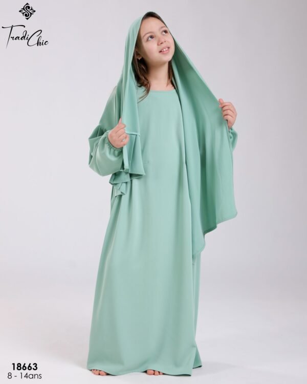 Tradi Chic Ensemble robe de prière et foulard fille – Réf 18663 – Vert d'eau