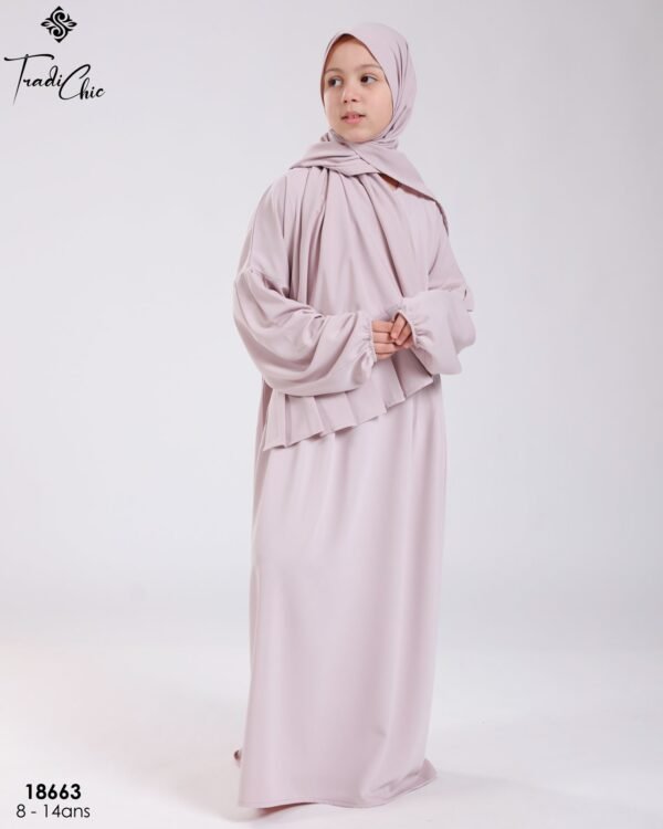 Tradi Chic Ensemble robe de prière et foulard fille – Réf 18663 – Gris rosé