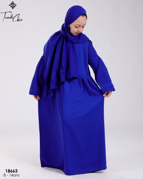 Tradi Chic Ensemble robe de prière et foulard fille – Réf 18663 – Bleu roi