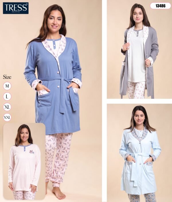 Tress Pyjama 3 pièces avec robe de chambre – Réf 13486 – Couleurs assorties