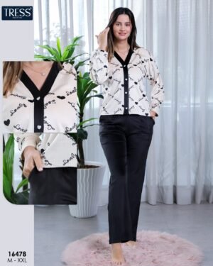 Tress Pyjama boutonné imprimé cœurs – Réf 16478 – Écru noir
