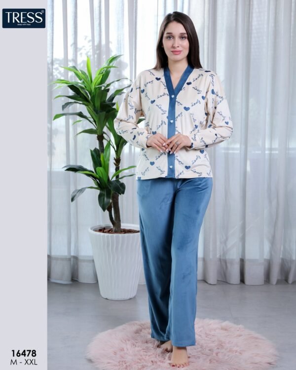 Tress Pyjama boutonné imprimé cœurs – Réf 16478 – Écru bleu
