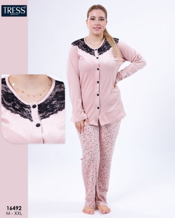 Tress Pyjama boutonné dentelle – Réf 16492 – Rose