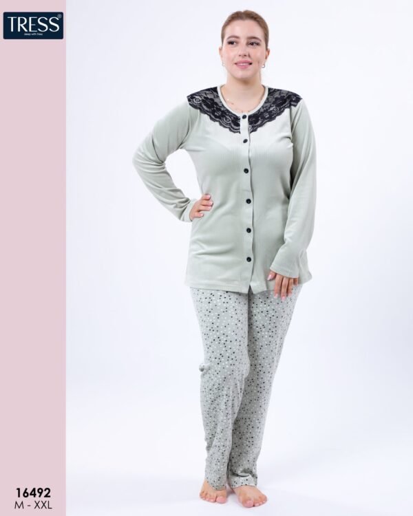 Tress Pyjama boutonné dentelle – Réf 16492 – Vert d'eau