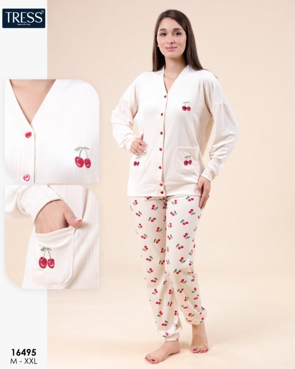 Tress Pyjama boutonné cerises – Réf 16495 – Écru