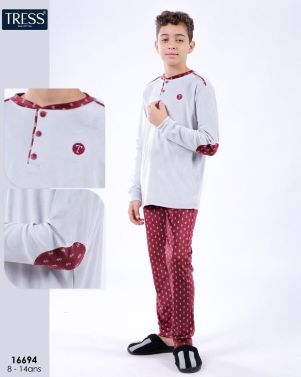 Tress Pyjama garçon velours – Réf 16694 – Gris clair bordeaux