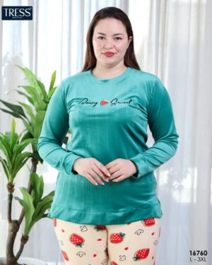 Tress Pyjama velours imprimé fraises – Réf 16760 – Vert émeraude