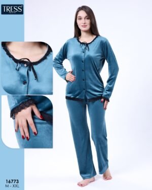 Tress Pyjama velours boutonné dentelle – Réf 16773 – Bleu pétrole