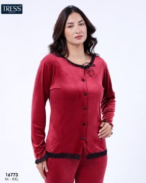 Tress Pyjama velours boutonné dentelle – Réf 16773 – Rouge