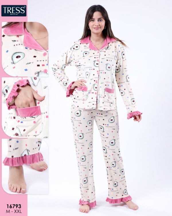 Tress Pyjama chemise imprimé avocat – Réf 16793 – Écru rose
