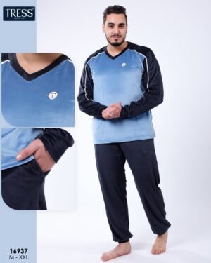 Tress Pyjama homme velours col V – Réf 16937 – Bleu ciel et marine