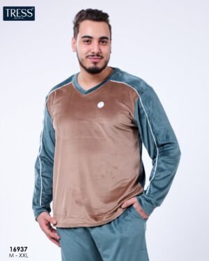 Tress Pyjama homme velours col V – Réf 16937 – Camel et vert