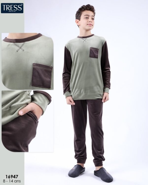 Tress Pyjama garçon velours – Réf 16947 – Vert sauge et marron